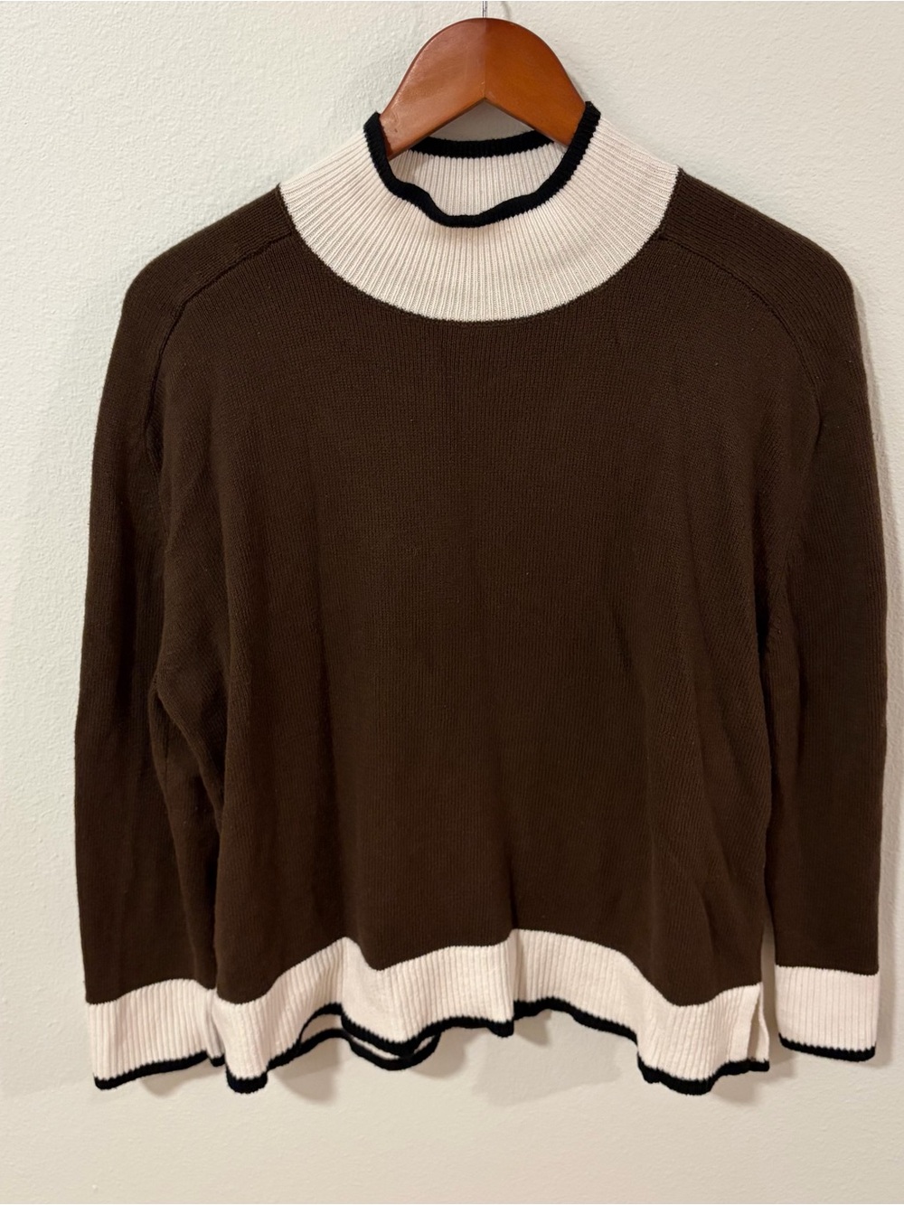 Ann Taylor Cream & Brown Contrast-Trim Sweater